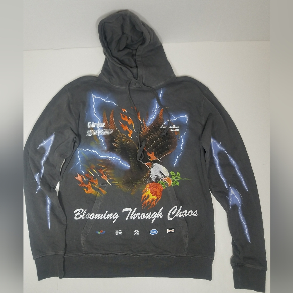NEW! MED CIVIL REGIME BLACK BLOOMING THROUGH CHAOS EAGLE LIGHTING GRAPHIC HOODIE